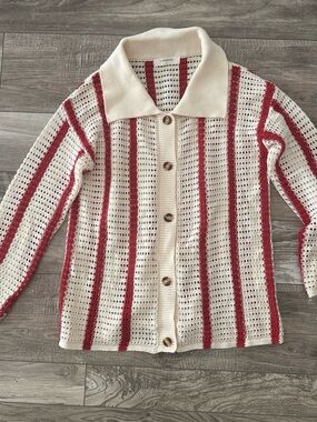 Classic Open-Knit Cream and Red Striped Button-Up Sweater